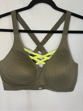 VSX Victoria’s Secret Olive Green Sports Bra with Neon Yellow Strappy Front